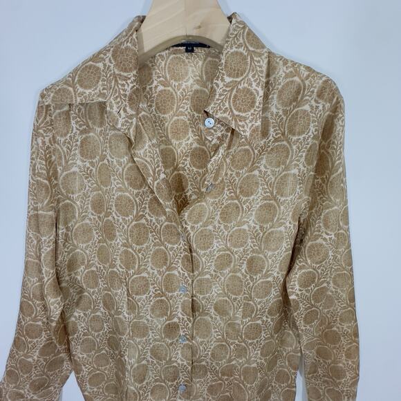 ZANELLA Platinum Silk Blouse Womens Gold Floral Print Button Down Shirt Italy 10 - Picture 2 of 7